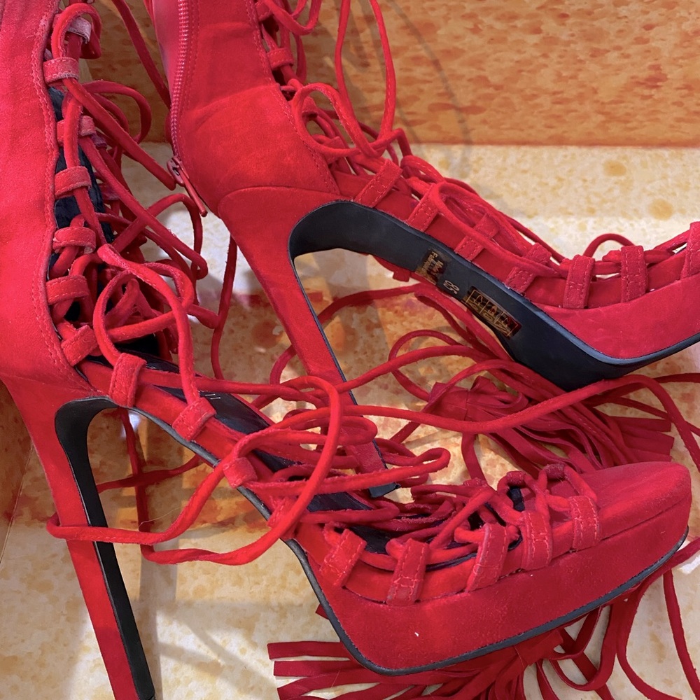 Jeffrey Campbell Red Suede strapped tie up heels